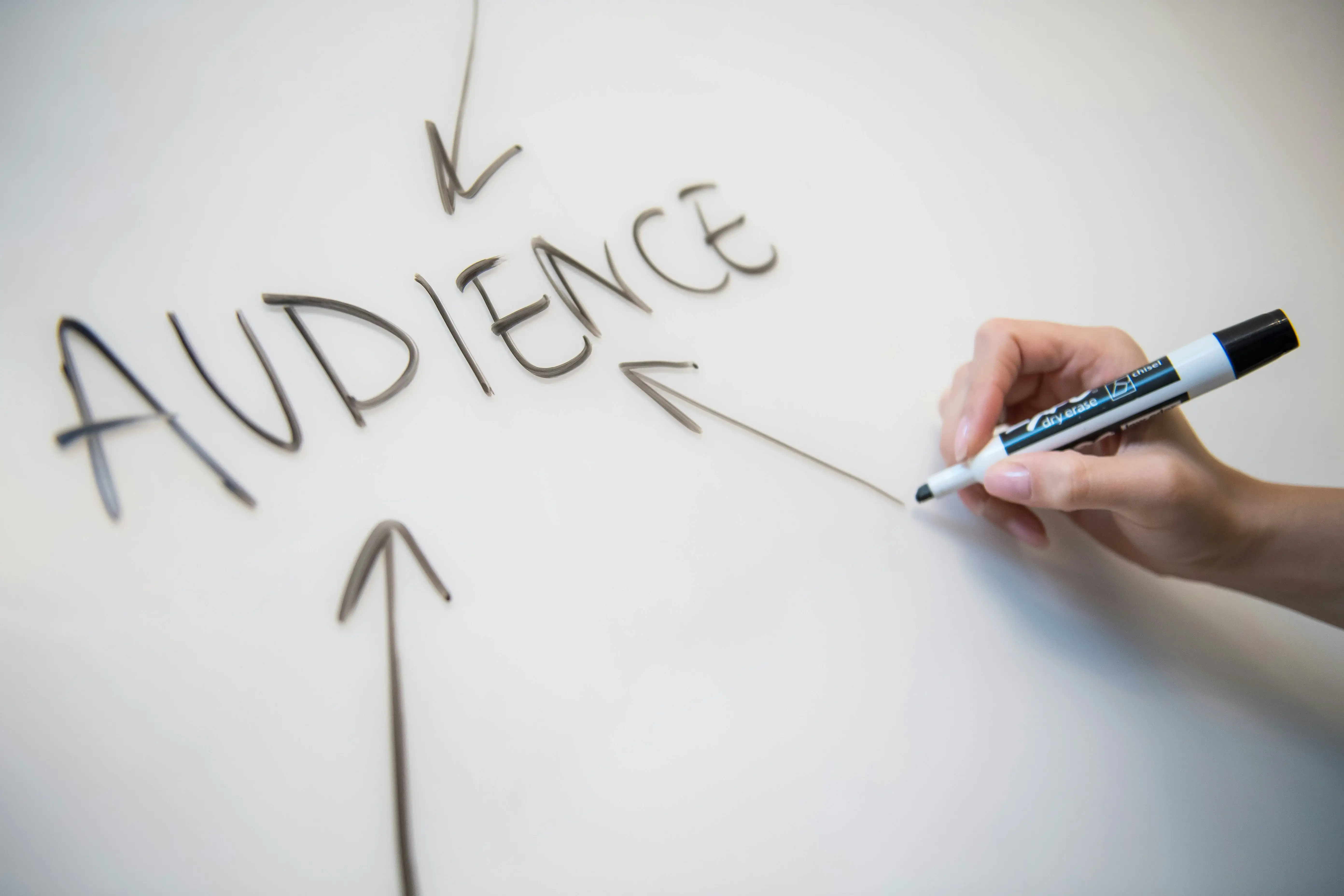 The word audience written on a whiteboard, with arrows pointing to it
